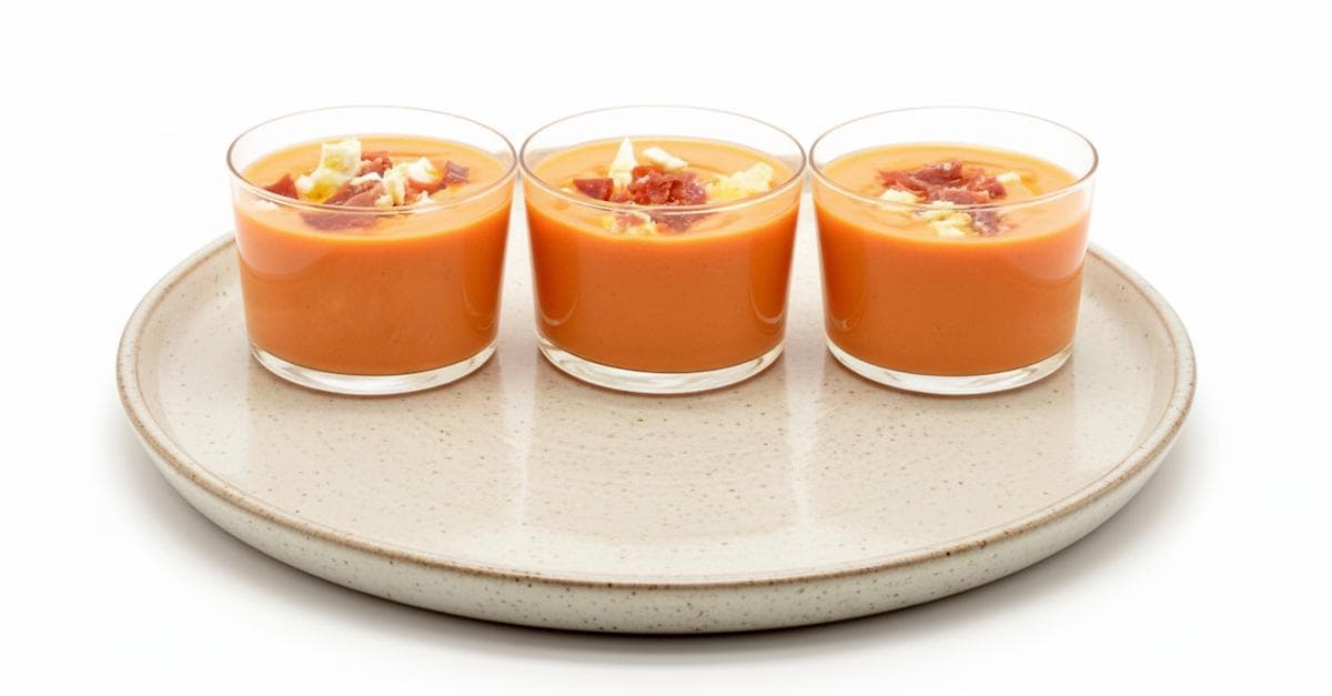 Chupitos de salmorejo con topping crujiente